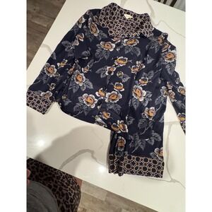 Vera Bradley Floral Geometric Mixed Print Button Down Shirt and Pant Navy  XXL